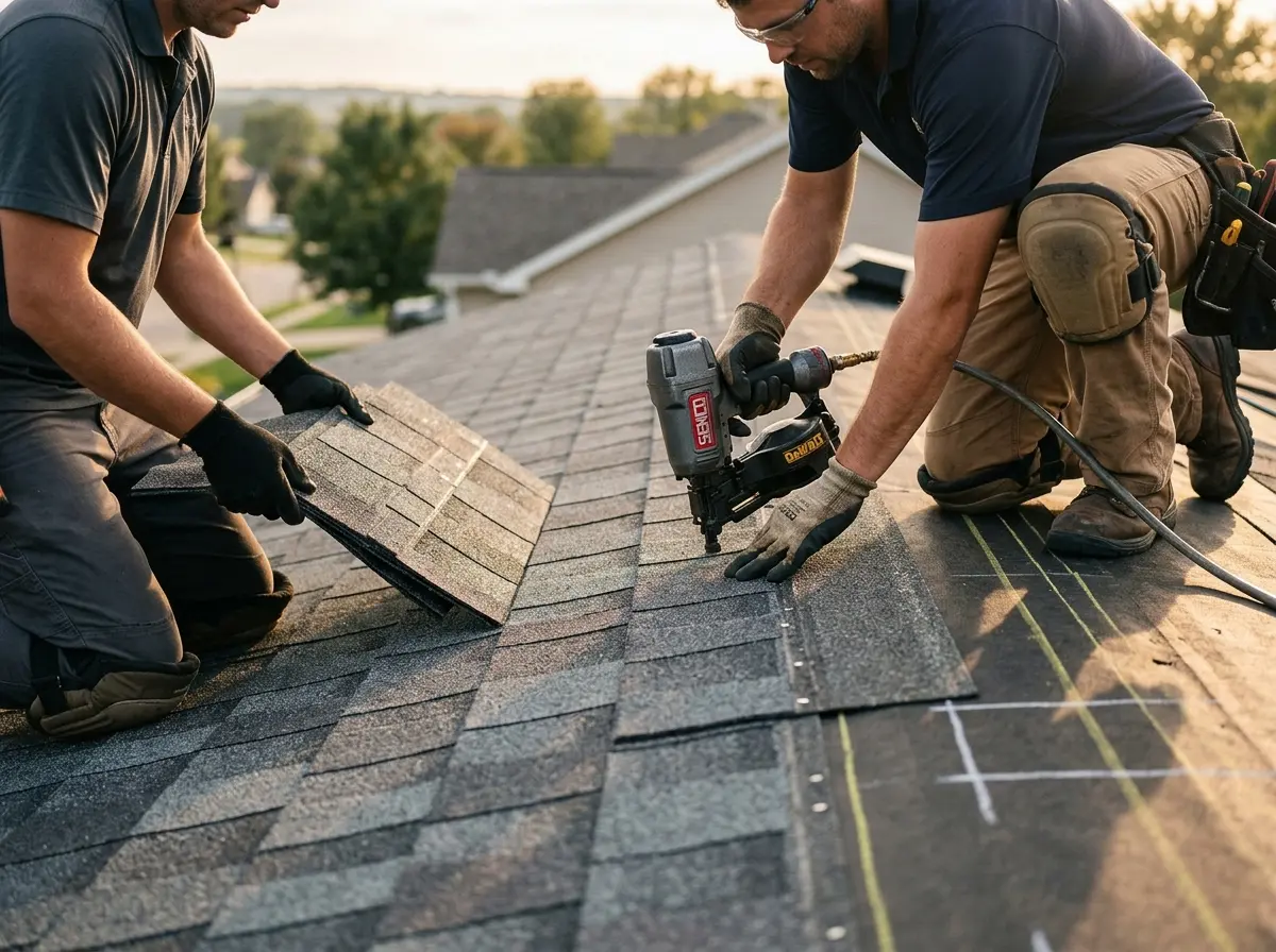 Professional roofer working on a residential roof in St. Pete Beach